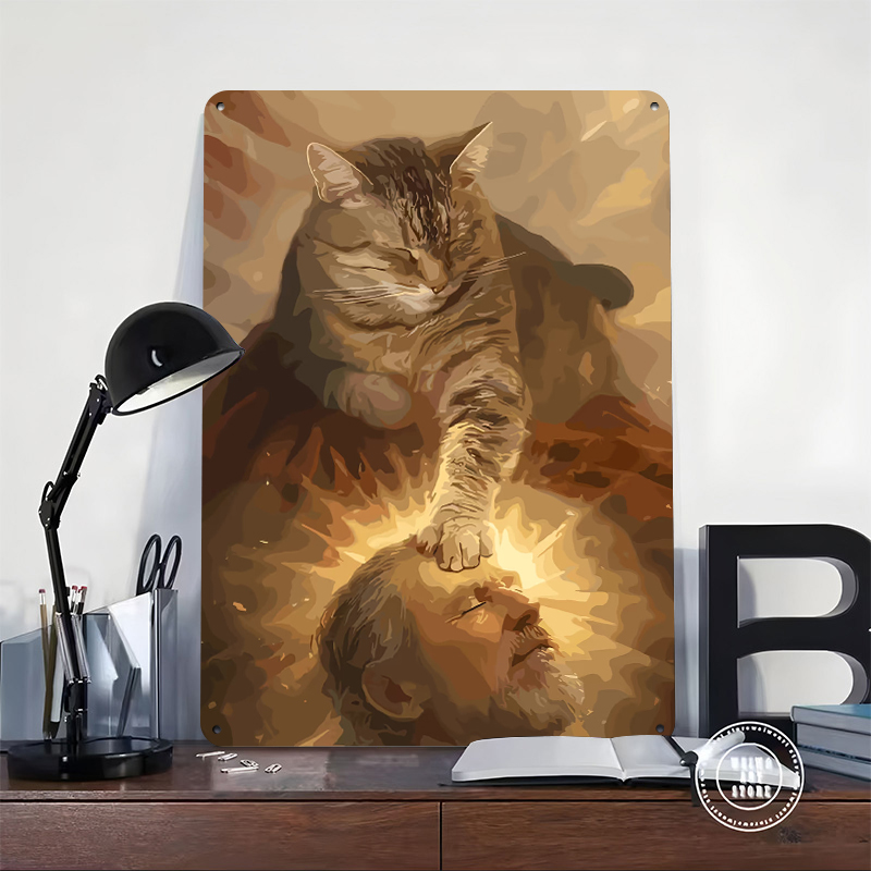 Cat Blessing a Man Tinplate Po - Desk Setup Poster recension och pris